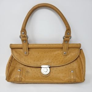 Anne Klein Leather Ostrich Satchel Bag Purse Golden Yellow Mustard‎ Color